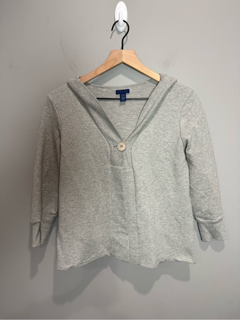 Lilla P Pima Cotton Hooded Pullover Top Gray 3/4 Sleeve M